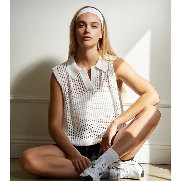 Crescent Tops - Crochet mesh tank sporty chic white polo vest tennis golf old money preppy